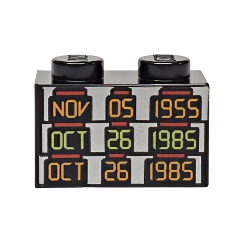 Black Brick 1 x 2 with Orange and Yellowish Green 'NOV 05 1955', 'OCT 26 1985' and 'OCT 26 1985' on Silver Background Pattern