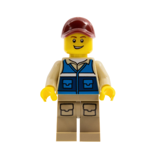 cty1292 Wildlife Rescue Worker - Male, Dark Red Cap, Blue Vest with 'RESCUE' Pattern on Back, Dark Tan Legs with Pockets
