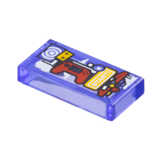 Trans-Purple Tile 1 x 2 with Game System Tower with Red Controller, White Target and 'START!' Pattern