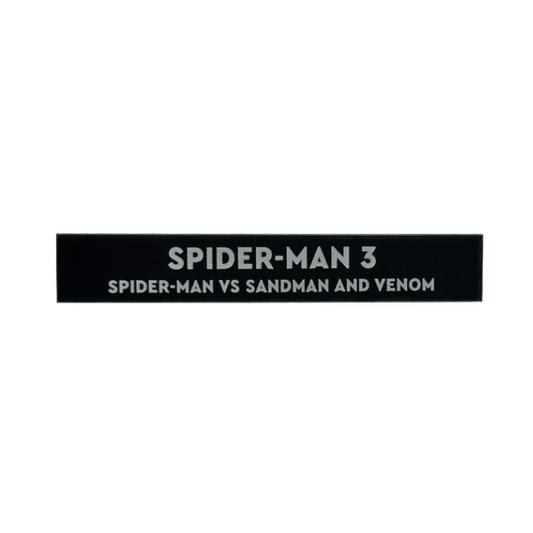 Black Tile 1 x 6 with White 'SPIDER-MAN 3 SPIDER-MAN VS SANDMAN AND VENOM' Pattern