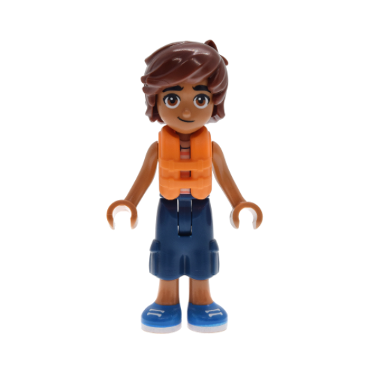 frnd0883 Friends Leo - Bright Light Orange Sleeveless Shirt, Dark Blue Cropped Trousers, Blue Shoes, Orange Life Jacket